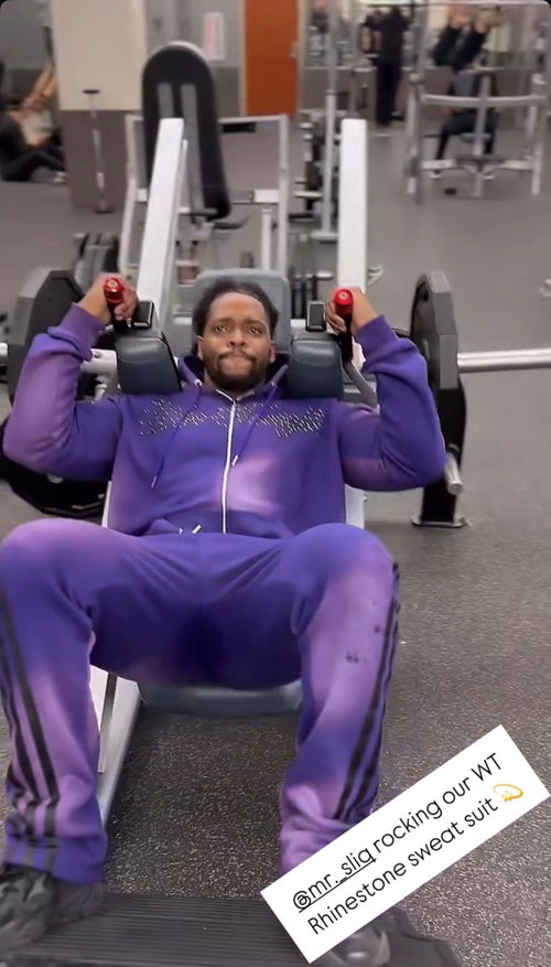 @mr._sliq in our Rhinestone sweat suit 💜