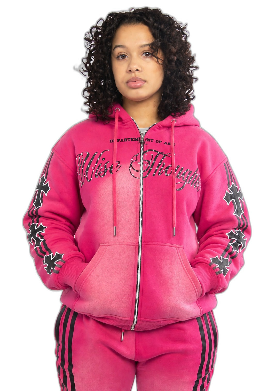 Wise Thoughts Rhinestone Hoodie - Pink Ice
